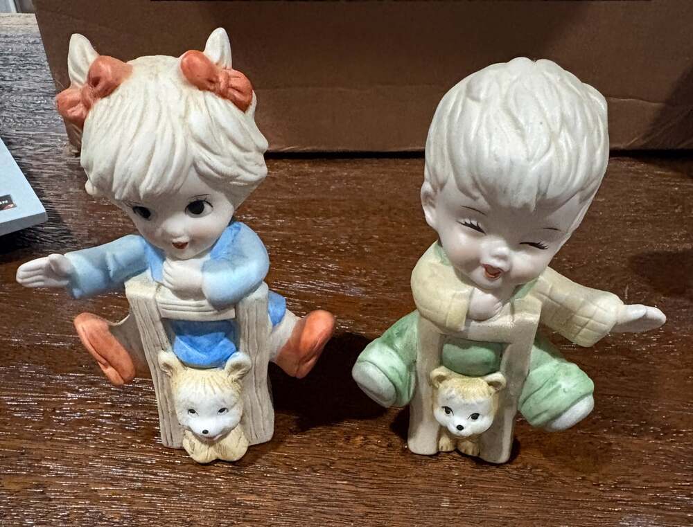 Vintage Boy Girl Kids Figurine on Fence with Puppy Homco Cute Playful